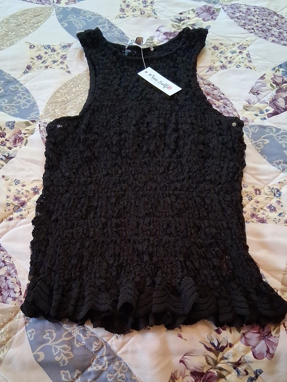 NWT Miss Selfie Black Textured Ruffle-Hem Lace Tank. Size XL
